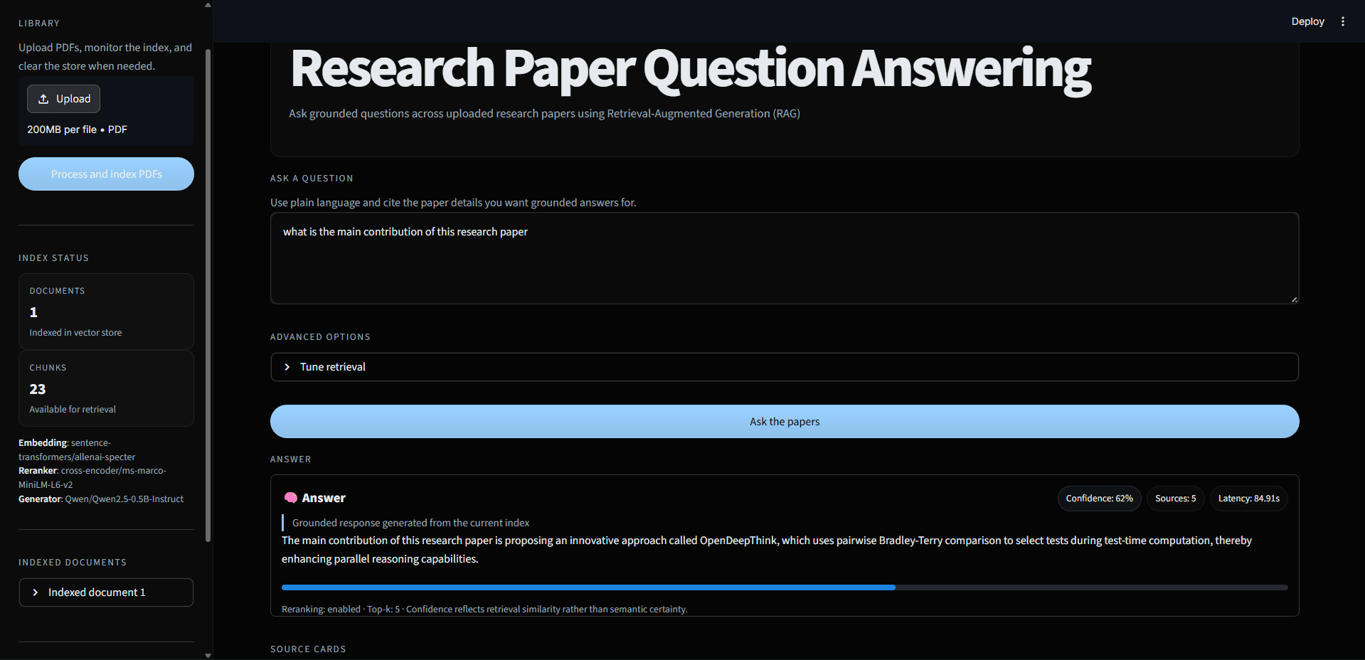 Research Paper QA System project screenshot